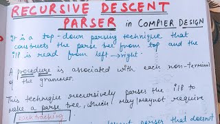 Lecture22 Recursive descent parser with example in COMPILER DESIGN [upl. by Pirali]