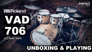 Roland VAD706 vdrums acoustic design electronic drums unboxing amp playing [upl. by Aroon]