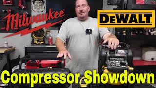 Milwaukee VS DeWalt Cordless Compressor Show Down [upl. by Ezechiel]